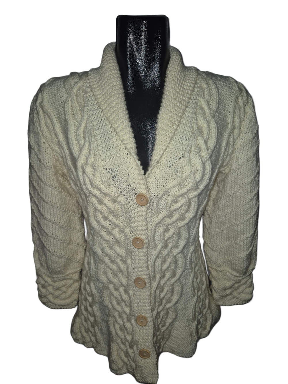 Handmade Cream Cable Knit Shawl Collar Button-Front Cardigan Sweater